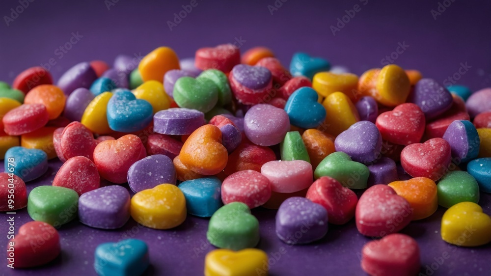 Colorful heart shaped candies scattered on purple background. Colorful heart shaped candies scattered on purple background.