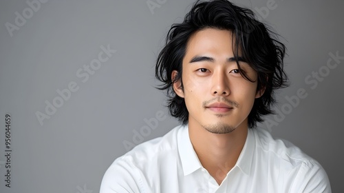 Formal Portrait of Stylish Asian Man with Classic Side Swept Hairstyle photo