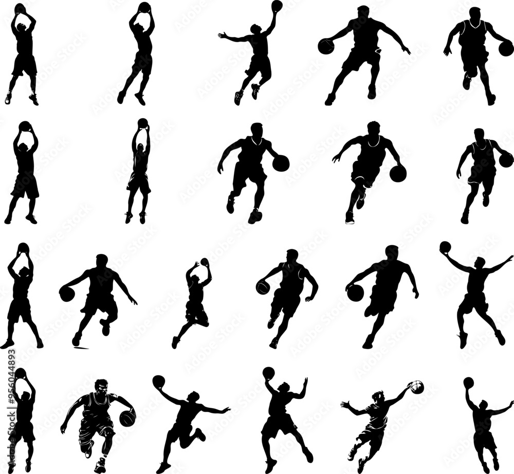Silhouette Basketball Players in Various Athletic Movements Silhouette Basketball Players in Various Athletic Movements