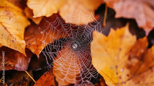 A close-up of a spiderweb glistening with dew among autumn leaves, spiderweb, dew, autumn leaves