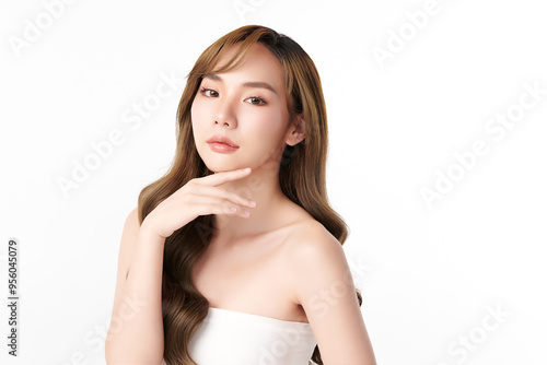 Beautiful young asian woman with clean fresh skin on white background, Face care, Facial treatment, Cosmetology, beauty and spa, Asian women portrait.