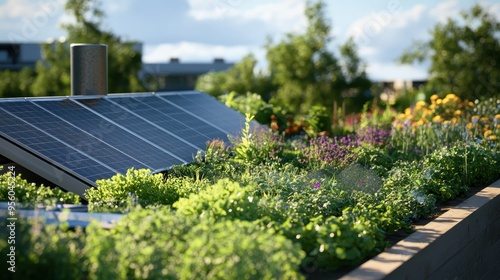 Solar Panels Partially Covered by Green Roof Garden photo