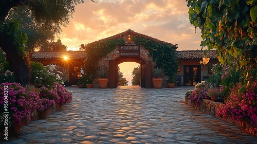 The inviting entrance to a rustic winery, with a charming wooden sign hanging over a stone archway, surrounded by blooming flowers and ivy, a cobblestone path leading to the entrance, photo