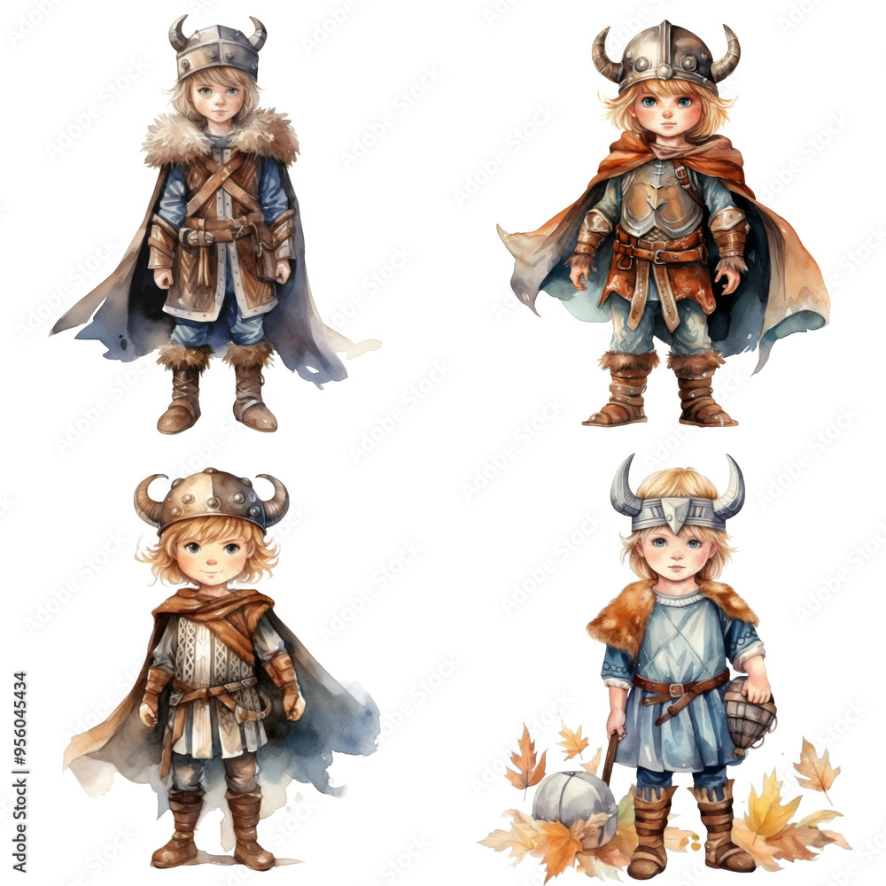 Four Watercolor Illustrations of Young Viking Boys Four Watercolor Illustrations of Young Viking Boys