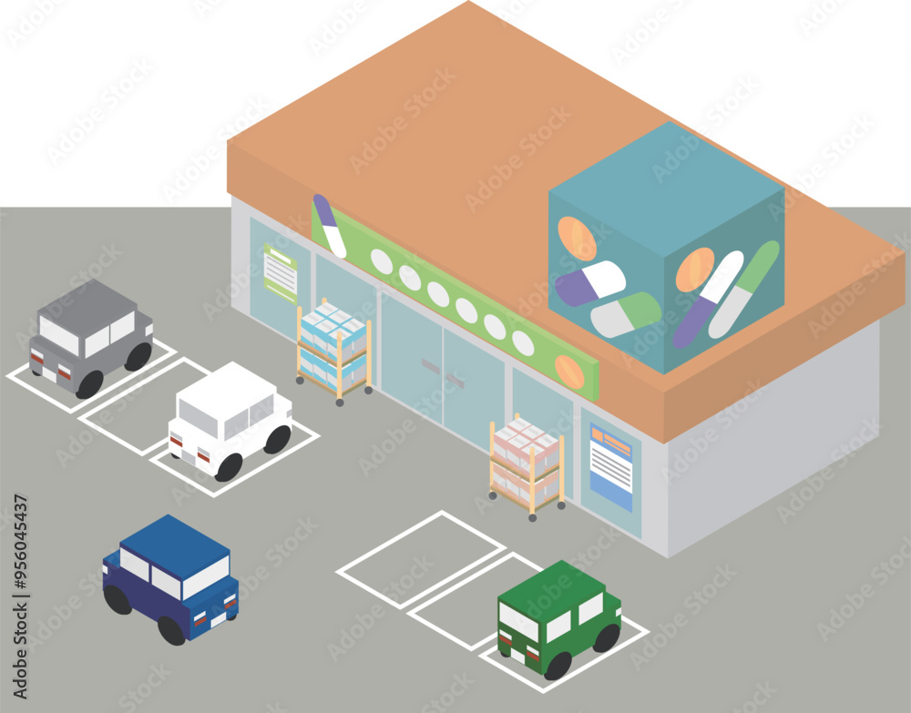 Obraz premium アイソメトリックなドラッグストアと駐車場のイラスト