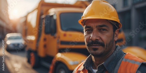 Concrete mixer truck driver with hard hat. photo