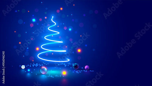 Christmas tree on Christmas poster in electronic technology style. New year, merry christmas congratulations card in computer tech design. Template Christmas cards in style of digital technology.
