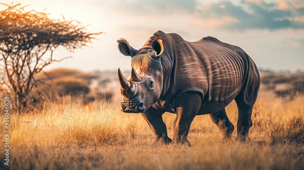 Obraz premium A White Rhino Walking Through the Savanna