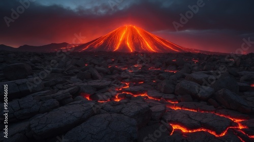 Lava Flow within Barren Volcanic Landscape located at Dusk. photo