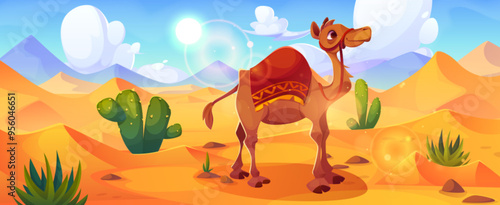Arabian or Egyptian desert landscape with cute camel with saddle on background of sand dunes, green cactus and grass under blue sunny sky. Cartoon vector African animal in drought yellow sandy hills.