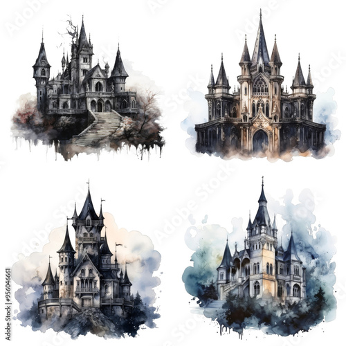 Wallpaper Mural Watercolor Illustration of Four Majestic Castles Torontodigital.ca