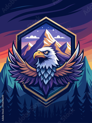 Majestic Eagle with Spread Wings in Front of a Mountain Range