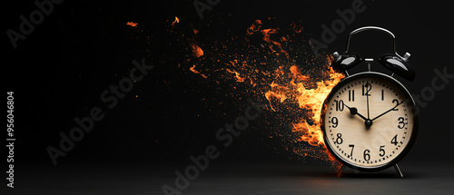 A clock burning on fire against a black background symbolizing time passing too quickly for many things to be done in the same day. Web banner with copy space on the right.