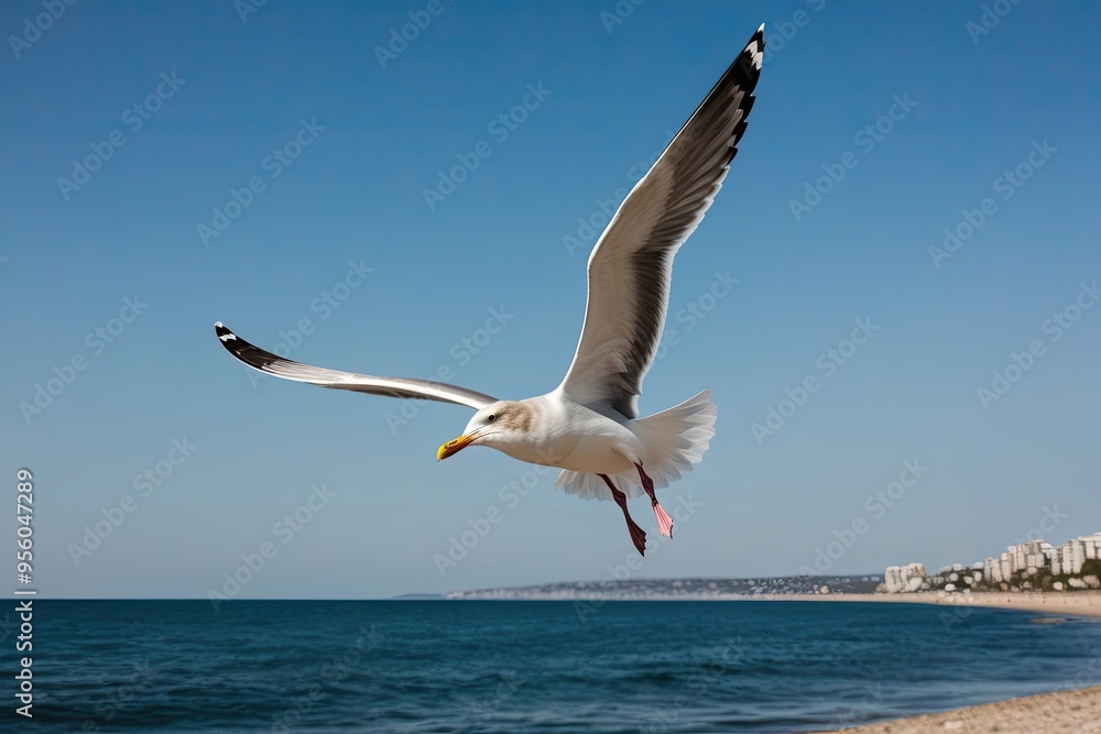 Curious Seagull Gliding in Clear Blue Sky Over Ocean Shoreline Curious Seagull Gliding in Clear Blue Sky Over Ocean Shoreline