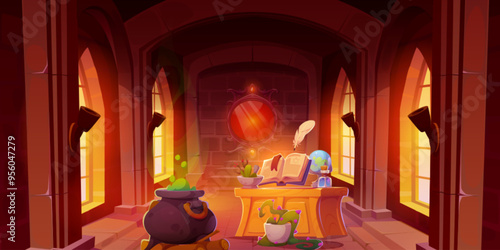Potion boiling in witch cauldron in castle room. Vector cartoon illustration of ancient laboratory room, magic spell book on wooden desk, mirror on wall, green poison in pot, alchemy science classroom