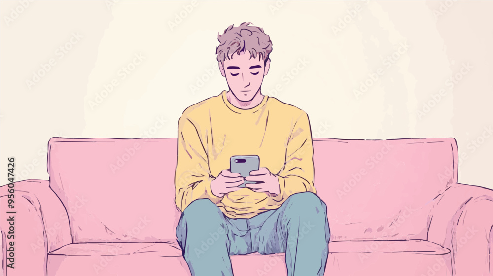 Vector illustration of a young man sitting on a pink couch, looking at his phone, dressed in casual clothes, highlighting everyday life and technology. Vector illustration of a young man sitting on a pink couch, looking at his phone, dressed in casual clothes, highlighting everyday life and technology.