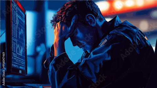 Vector art depicting a frustrated novice crypto trader sitting at a monitor, symbolizing the challenges and stress of digital currency trading.