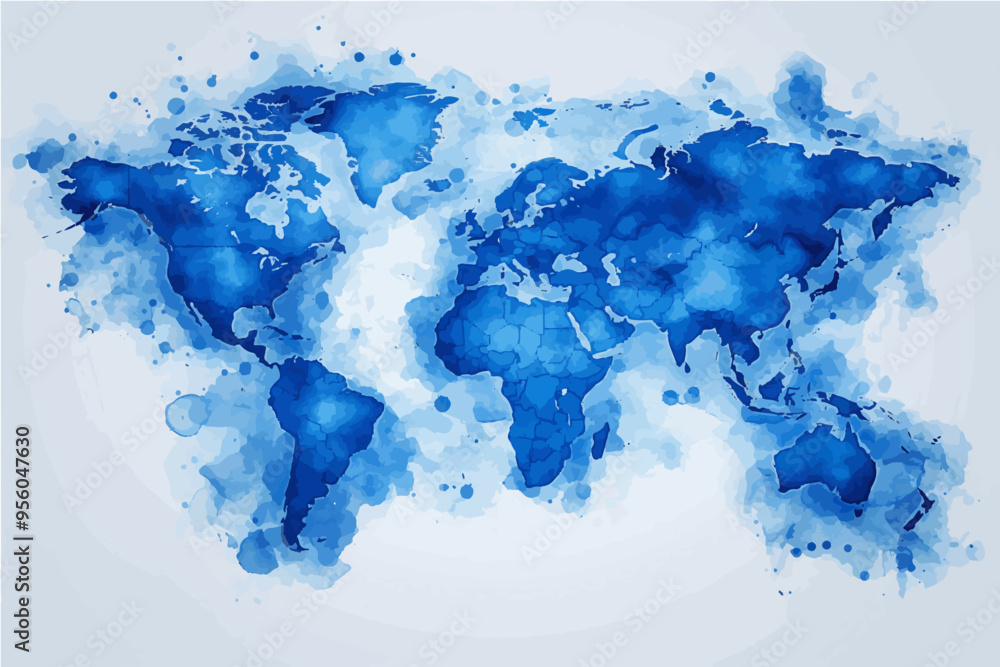 Blue watercolor vector map of the world, depicting continents with soft ...