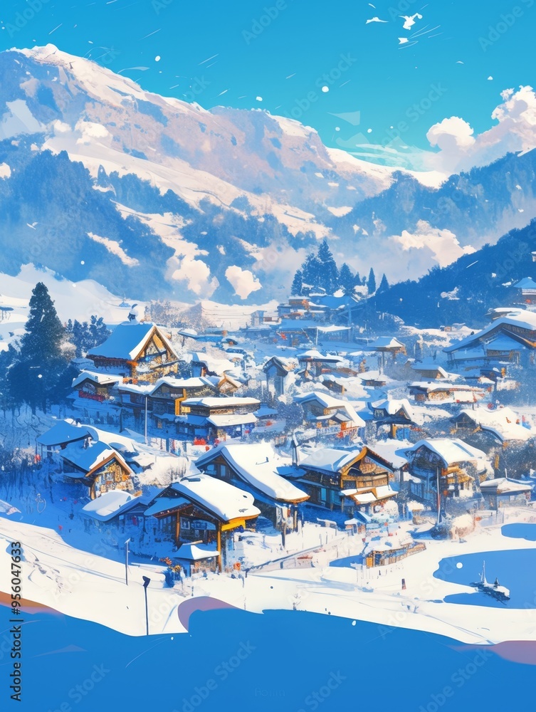 Fototapeta premium Enchanting Northeast China Snow Village: Anime-Inspired Winter Wonderland. Vibrant Illustration of Fairy-Tale Town for Home Decor, NFT Art, and Tourism Marketing. Perfect for Wallpapers, Apparel Desig