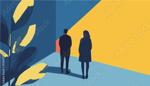 Abstract minimalist illustration of two silhouetted figures in a blue and yellow geometric space, symbolizing modernity and introspection.