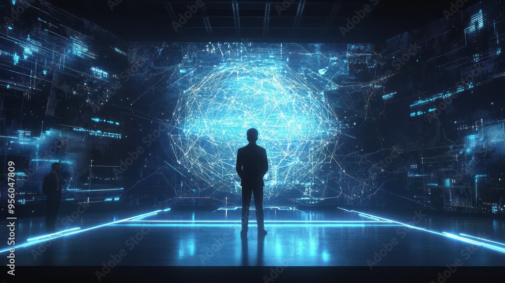 A Silhouetted Man Stands Before a Large Digital Screen Displaying a Global Network A Silhouetted Man Stands Before a Large Digital Screen Displaying a Global Network
