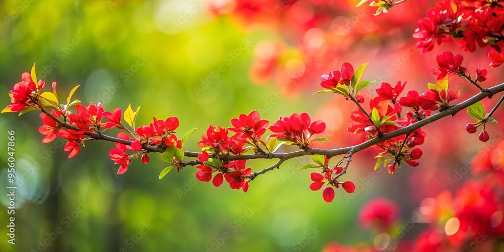 Red-flowered tree branch with blurred leafy background Red-flowered tree branch with blurred leafy background