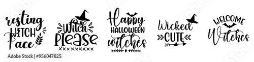 Classic Witch Bundle Calligraphic Lettering, Trendy Retro Style Illustration Set Vector Illustration for T-Shirt Design, Infographic, Stationery