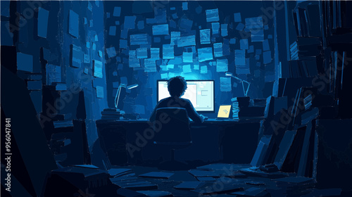 Dark-themed room filled with books and a lone programmer, capturing the solitude and focus of late-night coding sessions.