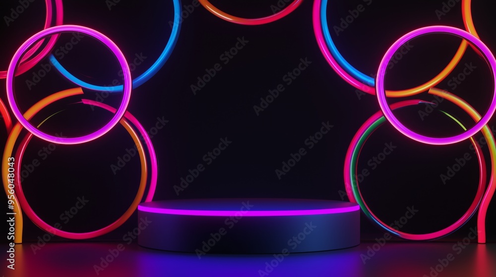 A modern 3D podium with empty space on top, framed by vibrant neon circles, set against a black background, perfect for nightclub and entertainment advertising A modern 3D podium with empty space on top, framed by vibrant neon circles, set against a black background, perfect for nightclub and entertainment advertising