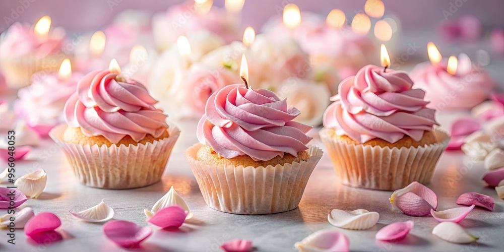 Delicate pink frosted cupcakes with lit candles surrounded by floral petals for celebration Delicate pink frosted cupcakes with lit candles surrounded by floral petals for celebration