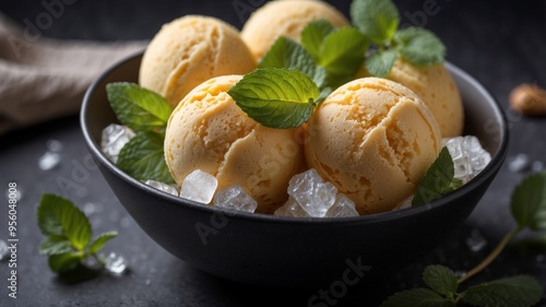 Golden ice cream balls in black bowl with mint leaves and coarse sugar. photo