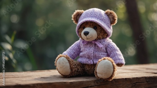 Brown stuffed animal teddy bear in lilac clothes and white hat on the wood. photo