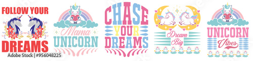 Cute Unicorn Tshirt Design Bundle Calligraphic Lettering, Phrases Pack Vector Illustration for Advertising, Motion Graphics, Announcement