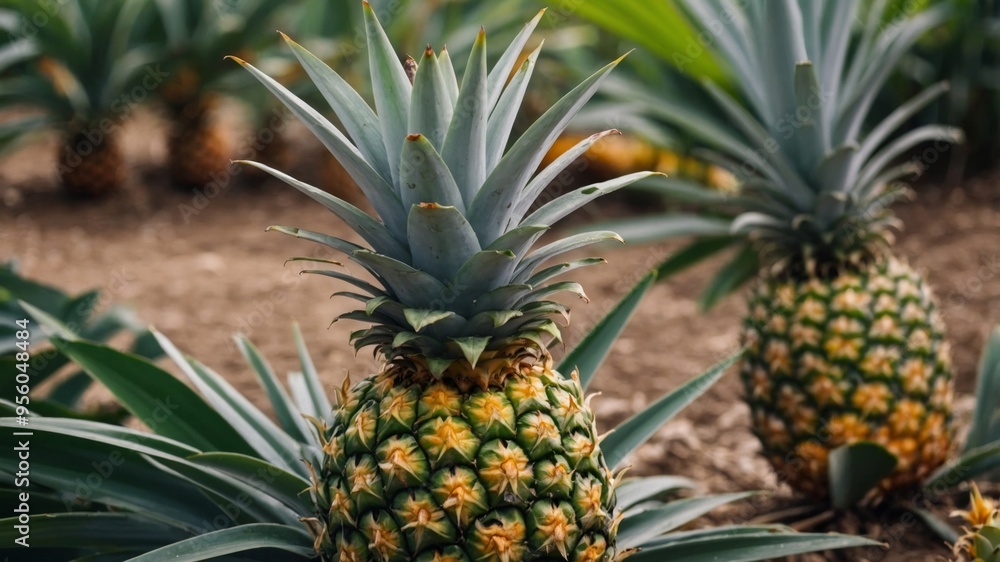 Close-up shot of pineapple fruit growing on the farm.