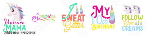 Elegant Unicorn Bundle Calligraphy, Trendy Retro Style Illustration Collection Vector Illustration for Advertisement, Sticker, Poster