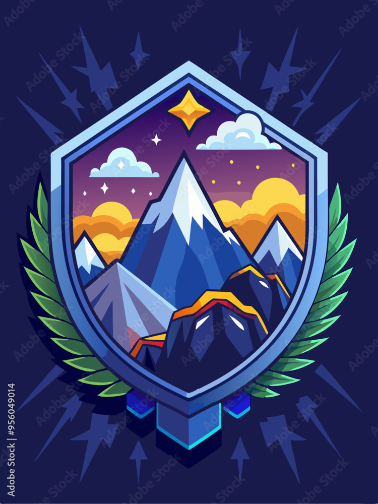 Mountain Landscape Within a Shield Embellished with Leaves and Stars Mountain Landscape Within a Shield Embellished with Leaves and Stars