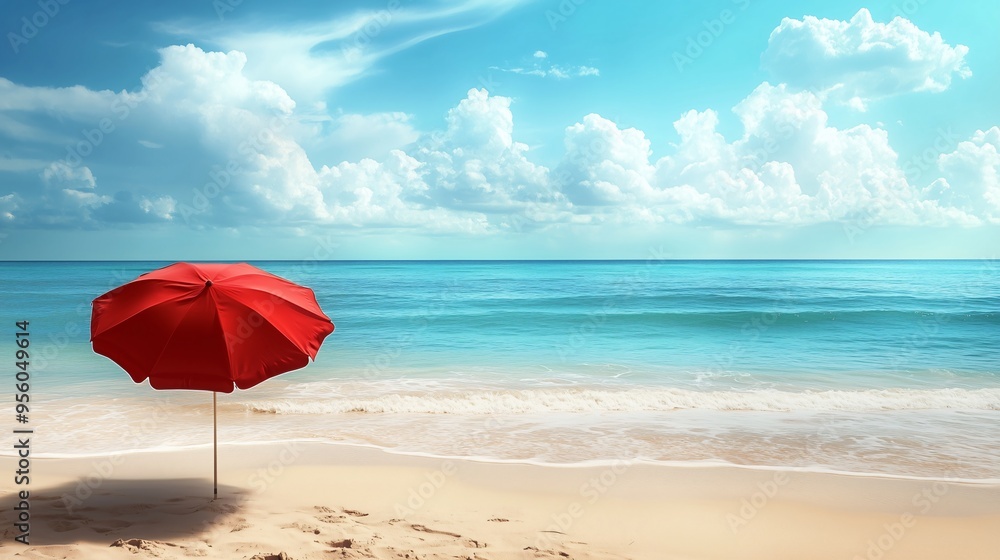Red Umbrella with Beach Chairs on Tropical Beach Blue Sky Background Red Umbrella with Beach Chairs on Tropical Beach Blue Sky Background