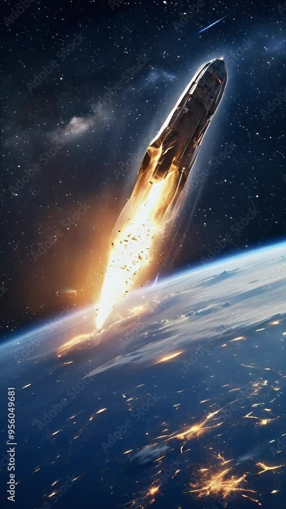 A rocket launching into space, leaving a trail of fire against a starry backdrop. A rocket launching into space, leaving a trail of fire against a starry backdrop.