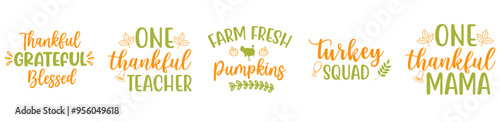 Modern Thanksgiving Bundle Calligraphic Lettering, Invitation Set Vector Illustration for Printing Press, Social Media Post, Bookmark
