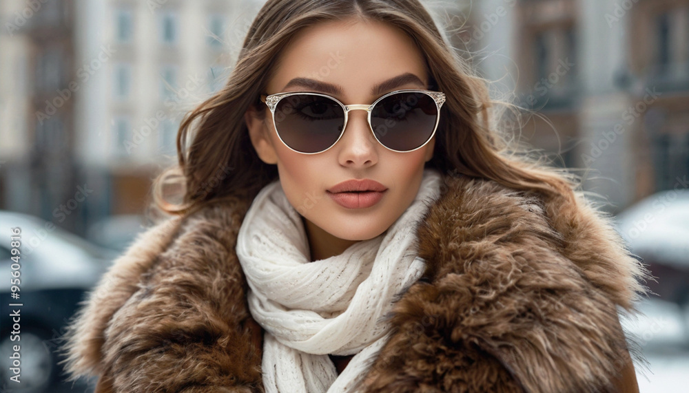 Portrait of a young stylish Caucasian woman with loose hair in sunglasses, beige fur coat and white scarf against the background of a city street. Portrait of a young stylish Caucasian woman with loose hair in sunglasses, beige fur coat and white scarf against the background of a city street.