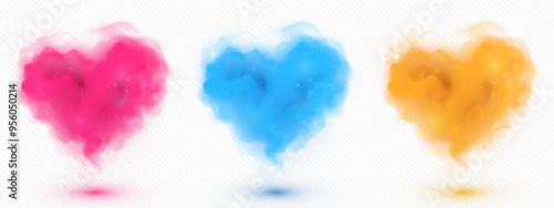 Pink, blue and yellow 3d cloud of heart shape. Realistic vector illustration set of abstract dream magic fluffy smoke or cotton candy form for love and romance, wedding and Valentine day design.