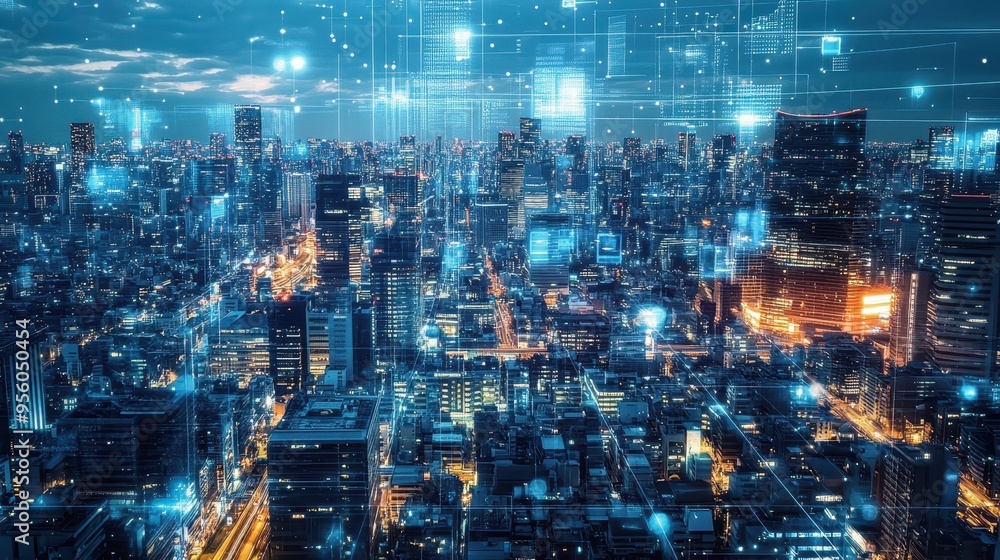 A Nighttime Cityscape with Futuristic Digital Network Overlay A Nighttime Cityscape with Futuristic Digital Network Overlay