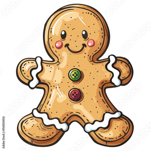 A cheerful gingerbread man with colorful buttons and icing, perfect for holiday decorations and festive designs.