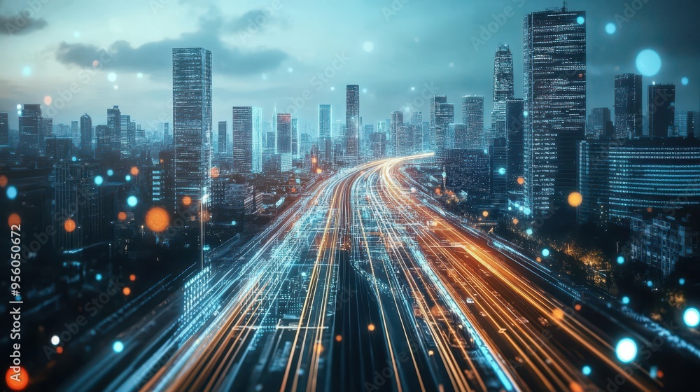 Nighttime Cityscape with Digital Overlays and Light Trails Nighttime Cityscape with Digital Overlays and Light Trails