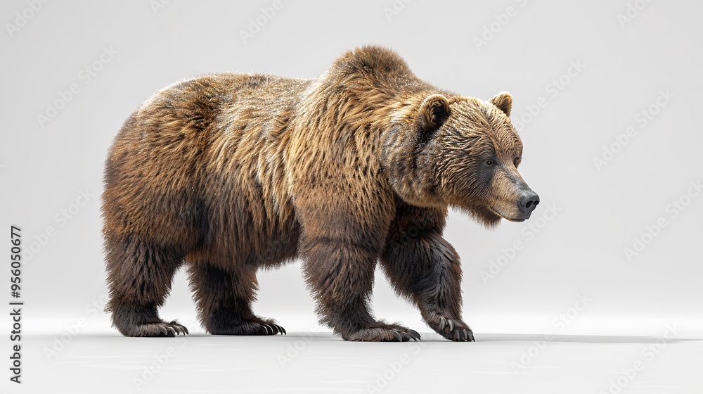 Obraz premium A bear is walking through the snow. The bear is large and has a lot of fur. The snow is white and covers the ground