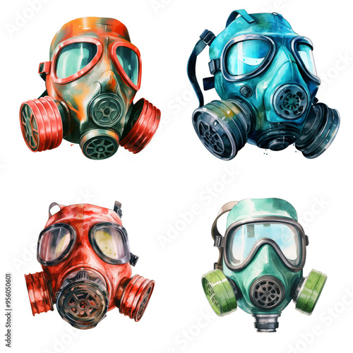 Four Watercolor Paintings of Vintage Gas Masks photo