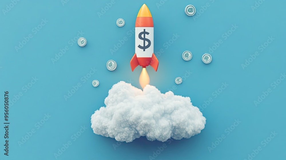 A Toy Rocket with a Dollar Sign Soaring Through Clouds A Toy Rocket with a Dollar Sign Soaring Through Clouds