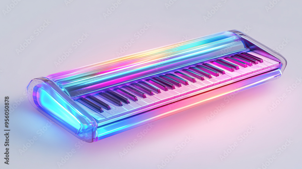 A 3D piano keyboard floating in space, neon color scheme, futuristic design, isolated on white background A 3D piano keyboard floating in space, neon color scheme, futuristic design, isolated on white background