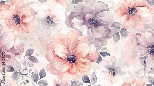 Fototapeta Naklejka Na Ścianę i Meble -  07231249 469. Elegant seamless pattern with watercolor flowers in pastel shades, suitable for beauty product packaging and various decorative applications, offering a serene and beautiful design