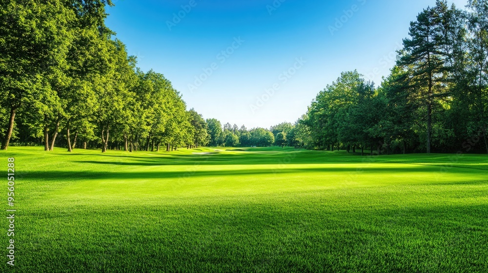 Naklejka premium Green grass and woods on a golf field